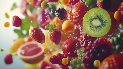 Burst of Flavors: A dazzling display of fresh, colorful fruits suspended in mid-air, conveying vibrancy and health with a refreshing visual cascade.
