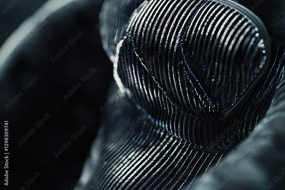 Poster a close-up abstract of dark, textured material with parallel ridges and subtle highlights, creating 