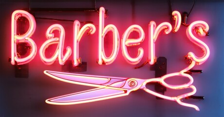 Neon sign barber s haven glowing scissors intricate straight razor outline sleek deep red light accents bright colorful realistic photo