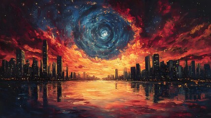 Stunning cityscape under a dramatic red sky at dusk with silhouetted buildings creating a breathtaking view