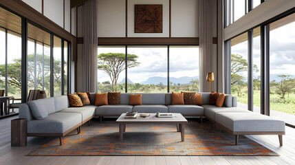 Modern Living Room Interior with U Shaped Grey Sofa and Orange Accents in a Bright Daylight Setting