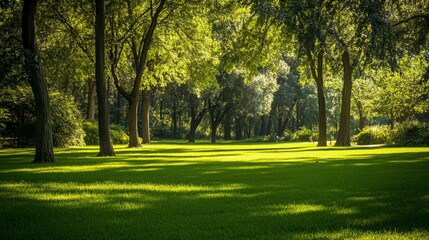 Obraz premium Lush green park with tall trees and sunlight filtering through the canopy
