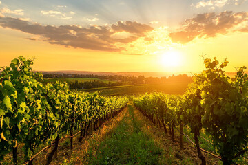 Fototapeta premium Beautiful sunset over a lush vineyard. Generative AI