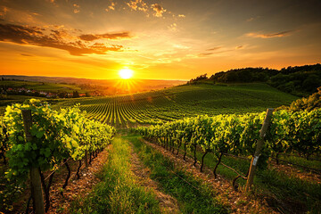 Naklejka premium Beautiful sunset over a lush vineyard. Generative AI