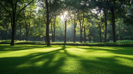 Naklejka premium Sunlit forest grove with lush green grass and tall trees