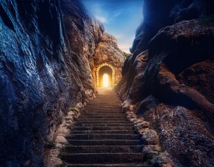 A narrow staircase carved into a rocky cliff, leading to a small, glowing gate.