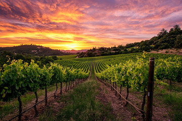 Naklejka premium Beautiful sunset over a lush vineyard. Generative AI