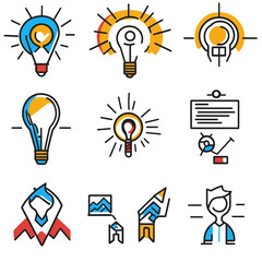 Creative Idea Vector Set with Light Bulb, Target, Data Chart and Person
