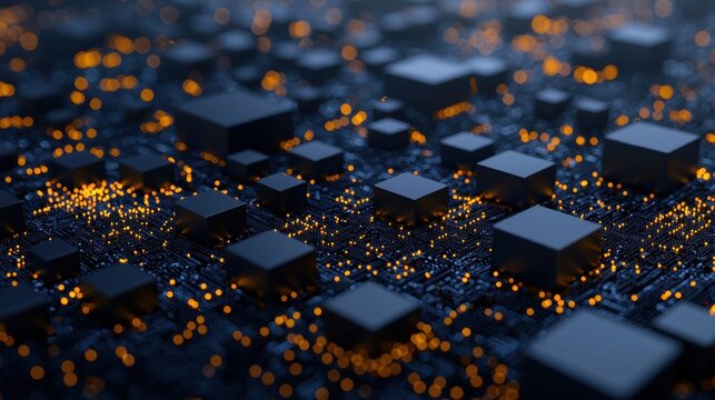 A 3D rendering of a circuit board with numerous small squares and rectangles, illuminated by orange lights.
