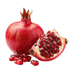 Pomegranate with cut open and ajar isolated on transparent background,