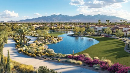 Desert community, scenic lake, golf course view