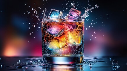 Sparkling Glass of Whiskey with Ice Cubes Splashing in Dark Atmosphere