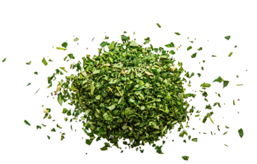 scattering of mixed chopped dried green herbs isolated on transparent background, showcasing vibrant colors and textures that evoke freshness and natural flavor
