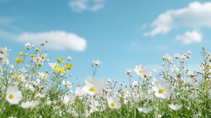 White flowers field, blue sky, spring day, nature background, website banner