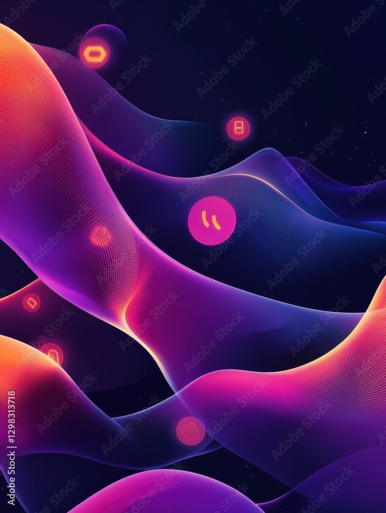 Poster colorful abstract design with fluid shapes and glowing icons in vibrant purple and orange tones. gen