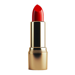 Obraz premium Bright red lipstick in a sleek gold tube on a clean transparent background showcases beauty essentials for makeup lovers, Red lipstick isolated on transparent background, 3D render.
