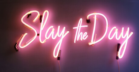 Neon sign slay day strappy heels bold glowing lettering modern style aesthetic bright colorful realistic photo