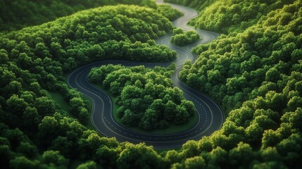 Aerial shot of a winding road with sharp curves, surrounded by lush green forest, carved into the mountainside