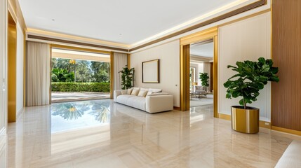 Fototapeta premium A spacious, open-concept home with golden-framed sliding doors seamlessly connecting indoor and outdoor spaces