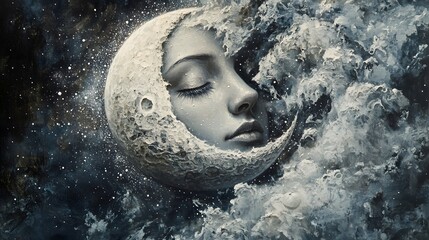 Close up of a woman's face illuminated by moonlight with a celestial background creating a dreamy and ethereal atmosphere