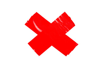 Obraz premium Red masking tape isolated on transparent background. Cross-shaped adhesive tape
