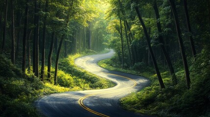 Breathtaking curvy road weaving through dense forest, cut into the hillside, with sunlight filtering through the trees