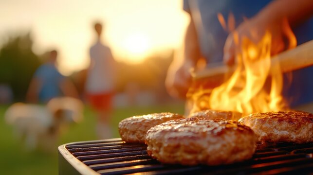 Flames Roaring As Burgers Cook On The Grill
