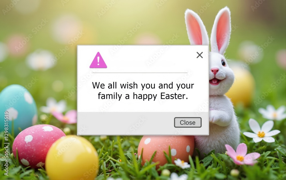 Fototapete easter greeting with rabbit and eggs; computer alert pop-up