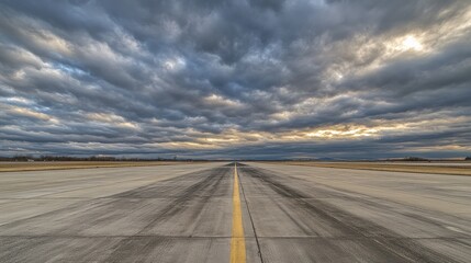 Dramatic Wide Angle View of Airport Runway Under Cloudy Sky