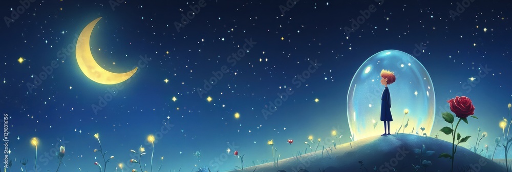 Poster child gazes at a starry night sky while standing inside a protective bubble on a hill. generative ai
