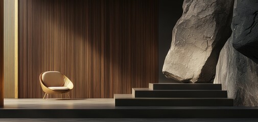 Brushed gold panels seamlessly blending with warm walnut wood, forming a high-end nature-inspired interior aesthetic