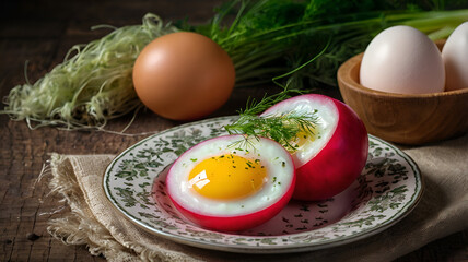 Obraz premium Roasted eggs with greens served on sourdough toast featuring a melting and dripping egg yolk perfect for breakfast or brunch 