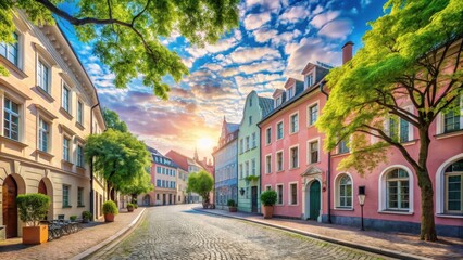 Fototapeta premium Charming cobblestone street lined with colorful historic buildings bathed in the warm glow of sunrise