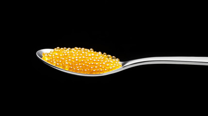 Silver spoon bearing premium golden caviar, displaying opulent delicacy against dark surface, symbolizing affluence and privilege