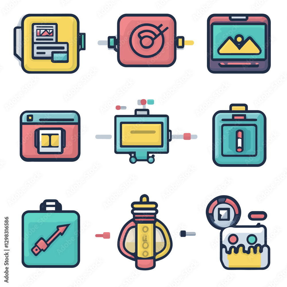 Poster abstract digital technology vector icons collection with data processing