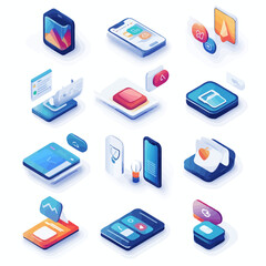 Isometric Phone App Icons Bundle, Mobile UI Elements and Interface Design