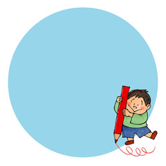 赤鉛筆を持つ男の子　コピースペース(ブルー)