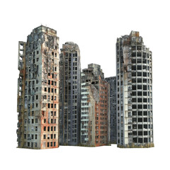 Fototapeta premium Ruined skyscraper buildings standing isolated against a stark transparent background showcasing urban decay and neglect, Ruined Skyscraper Buildings Isolated on transparent background