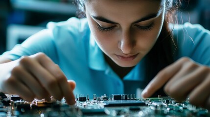 Young Female Technician Analyzing Computer Circuit Board Components
