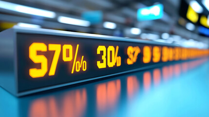 Close up of a stock market ticker displaying rising percentages in an office environment, symbolizing financial growth and success
