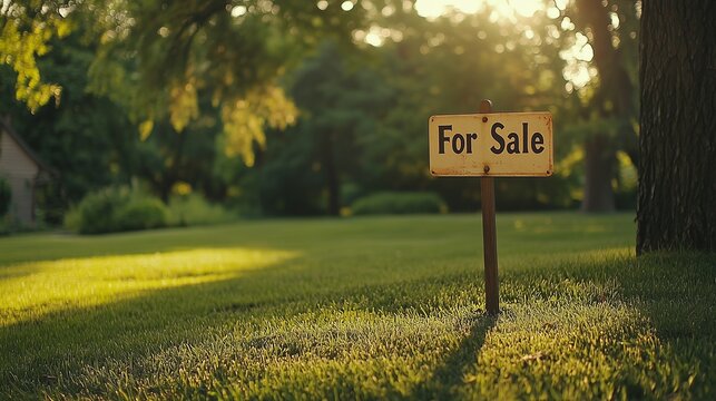 A 'for sale' sign on a lush green lawn, symbolizing land availability for home building.