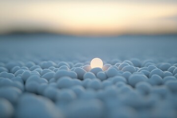 Soft White Bubbles with Glowing Sphere at Dusk in Abstract Landscape