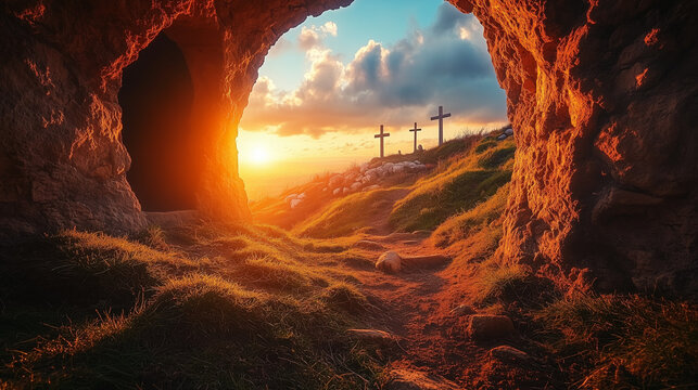 Empty Tomb with Glowing Sunrise and Three Crosses on a Hill – Easter Resurrection Concept