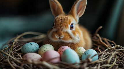 Adorable Easter Bunny with Colorful Eggs in a Nest &ndash; Festive Holiday Scene