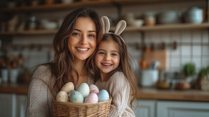 Happy Mother and Daughter with Easter Eggs &ndash; Joyful Family Celebration