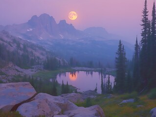 Misty Mountains, Full Moon Over Lake