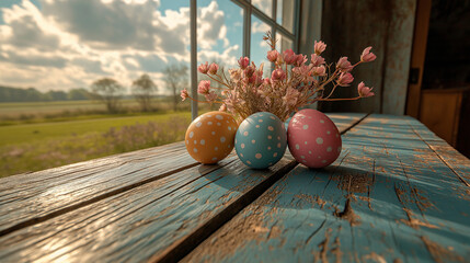 Rustic Easter Decoration with Colorful Polka Dot Eggs by a Sunny Window