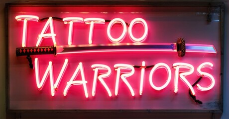 Neon sign tattoo warriors glowing sword deep red bold ink lines fierce americana style artwork bright colorful realistic photo