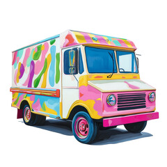 A vibrant ice cream truck with colorful patterns parked against a bright transparent background ready to serve sweet treats on a sunny day, Colorful Ice Cream Truck on transparent background