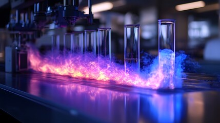 Scientific laboratory filled with various blue and purple liquids in glassware creating a dynamic and colorful atmosphere